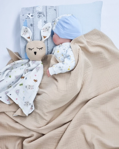Hayvan Desenli Müslin Bürümcük Çift Katlı Bebek Battaniye ve Uyku Arkadaşı Seti