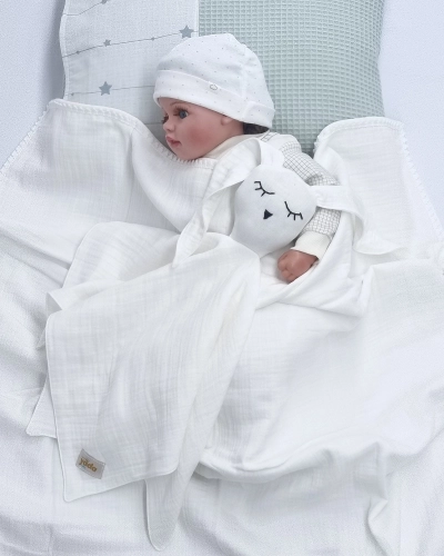 Beyaz Müslin Bürümcük Çift Katlı Bebek Battaniye ve Uyku Arkadaşı Seti