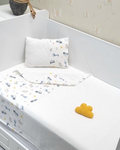 Tek Kişilik Müslin Waffle Bebek & Yeni Doğan & Çocuk Pike Takımı 110 x 120 cm (Beyaz Kedi Desen)