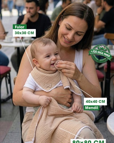 Krem Bürümcük Müslin Kumaş Emzirme Önlüğü Seti