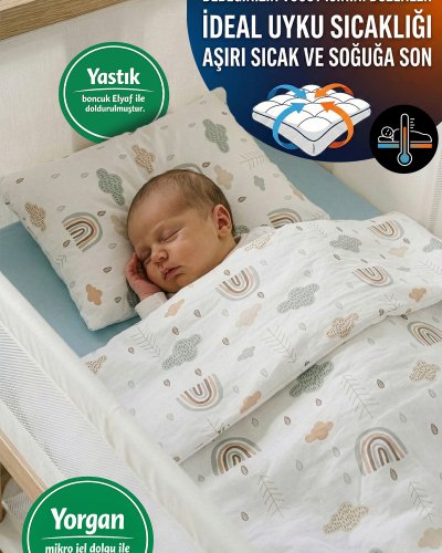 %100 Pamuklu Kumaştan Bebek 5 Parça Yorgan Ve Nevresim Takımı & Uyku Seti (Mint Gökkuşağı)