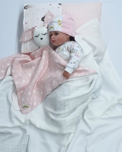 Yıldız Desenli Müslin Bürümcük Çift Katlı Bebek Battaniye ve Uyku Arkadaşı Seti