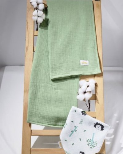İki Katlı Müslin Bürümcük Bebek & Yeni Doğan Battaniye 90 x 100 cm - Fular Takımı (Çağla Yeşil)