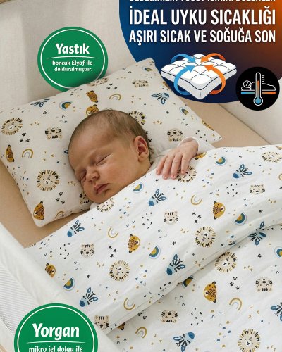 %100 Pamuklu Kumaştan Bebek 5 Parça Yorgan Ve Nevresim Takımı & Uyku Seti (HAYVAN KAFALAR)