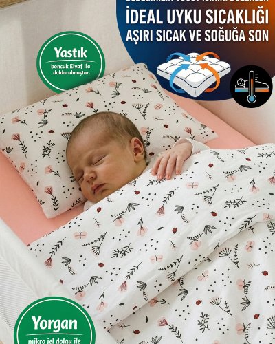 %100 Pamuklu Kumaştan Bebek 5 Parça Yorgan Ve Nevresim Takımı & Uyku Seti (Nar Çiçeği)