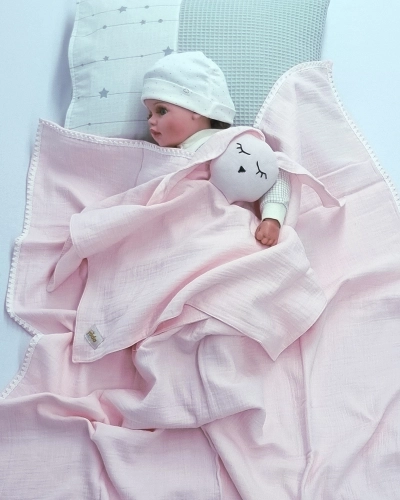 Pembe Müslin Bürümcük Çift Katlı Bebek Battaniye ve Uyku Arkadaşı Seti