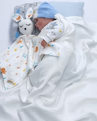 Müslin Bürümcük Çift Kat Dantelli Bebek & Yeni Doğan Battaniye Ve Uyku Arkadaşı Seti (Beyaz Ahtapot)