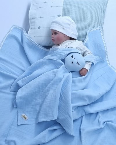 Müslin Bürümcük Çift Kat Dantelli Bebek & Yeni Doğan Battaniye Ve Uyku Arkadaşı Seti (Mavi)
