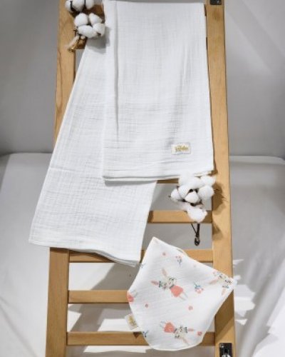 İki Katlı Müslin Bürümcük Bebek & Yeni Doğan Battaniye 90 x 100 cm - Fular Takımı (Beyaz)