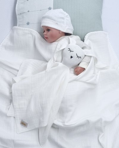 Müslin Bürümcük Çift Kat Dantelli Bebek & Yeni Doğan Battaniye Ve Uyku Arkadaşı Seti (Beyaz)