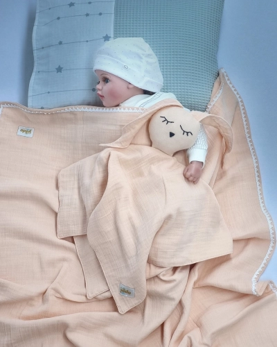 Somon Müslin Bürümcük Çift Katlı Bebek Battaniye ve Uyku Arkadaşı Seti