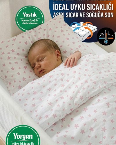 %100 Pamuklu Kumaştan Bebek 5 Parça Yorgan Ve Nevresim Takımı & Uyku Seti (Pembe Yıldız)