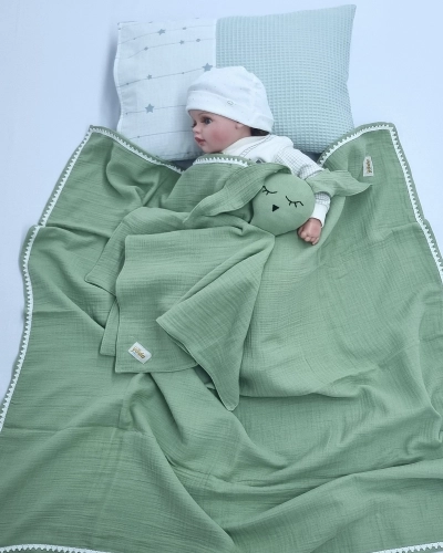 Yeşil Müslin Bürümcük Çift Katlı Bebek Battaniye ve Uyku Arkadaşı Seti